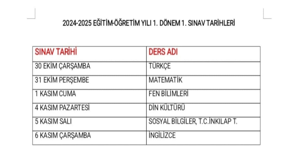 2024-2025 EĞİTİM ÖĞRETİM YILI 1. DÖNEM 1. SINAV TARİHLERİ